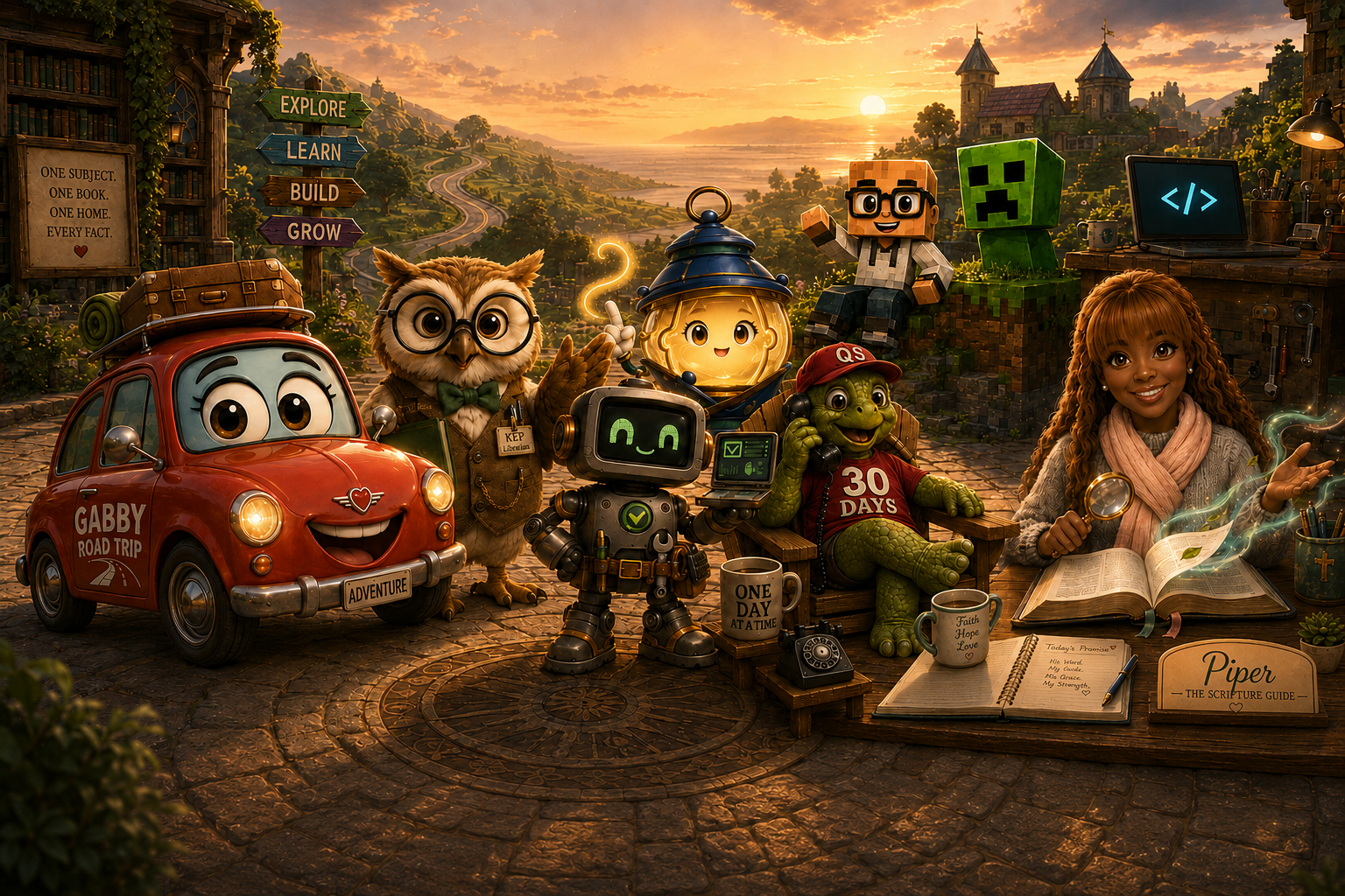 Calvin’s cheerful family of project mascots gathered in a storybook workshop at sunset.