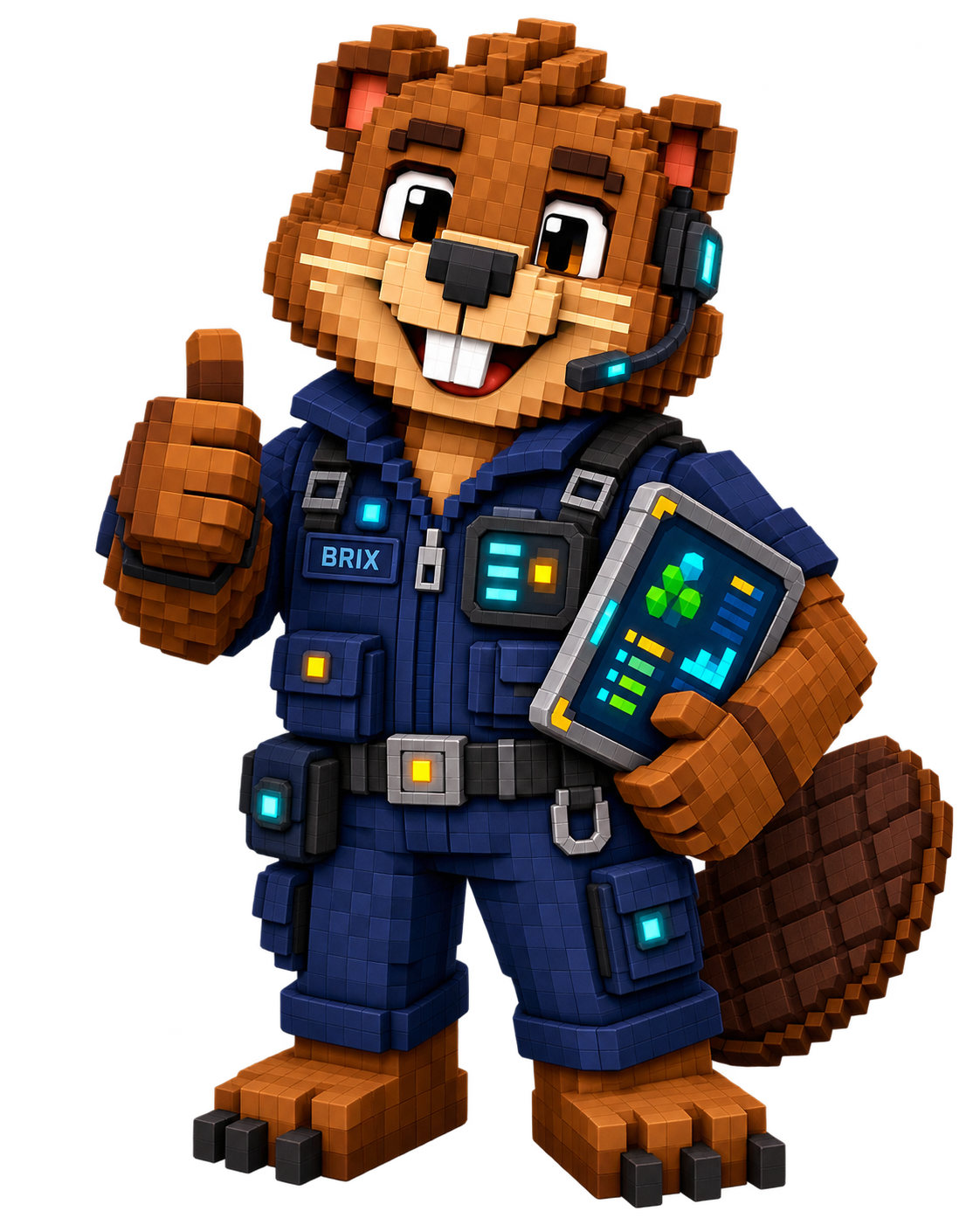 Brix, the pixelated beaver Bedrock Control Center administrator, wearing a headset and holding a service dashboard.