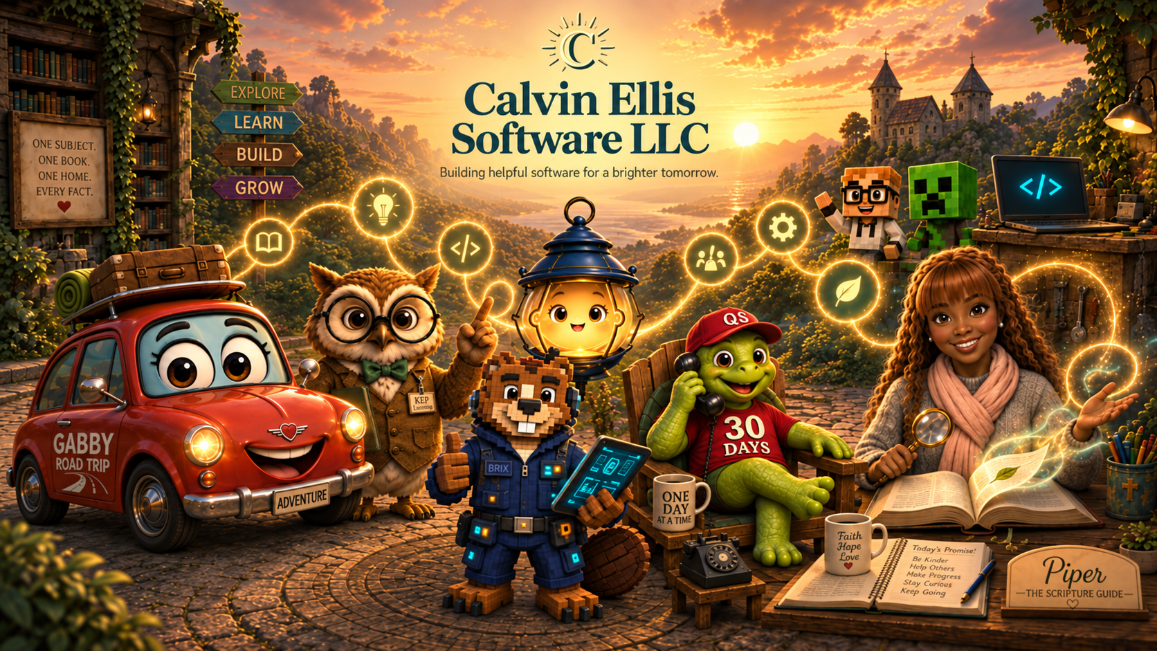 Calvin Ellis in a glowing workshop, connected to the mascots representing the Gumdum software project family.