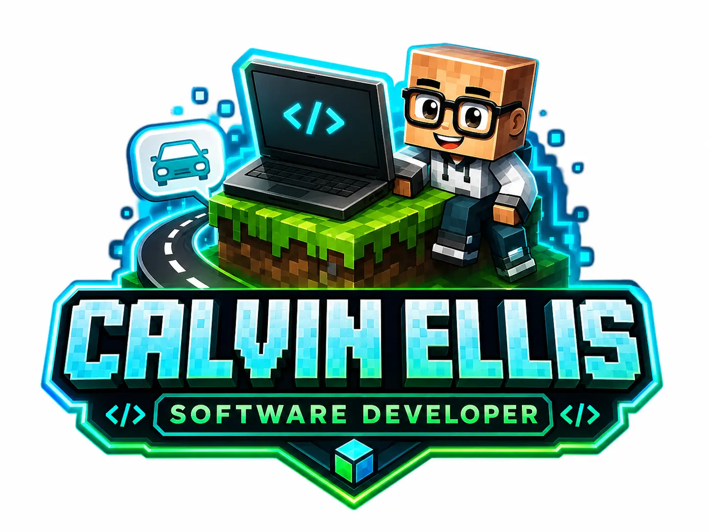 Calvin’s cheerful software developer mascot sitting beside a laptop and a winding road.