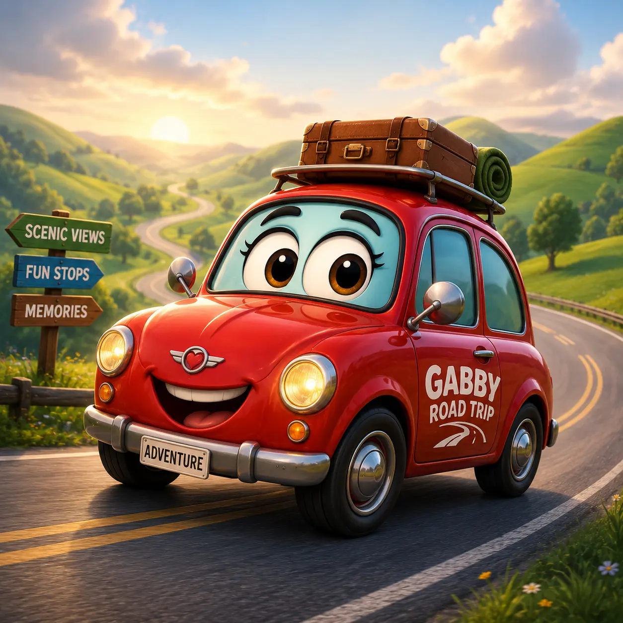 Gabby, a cheerful red road-trip car with luggage, smiling on a winding country road.