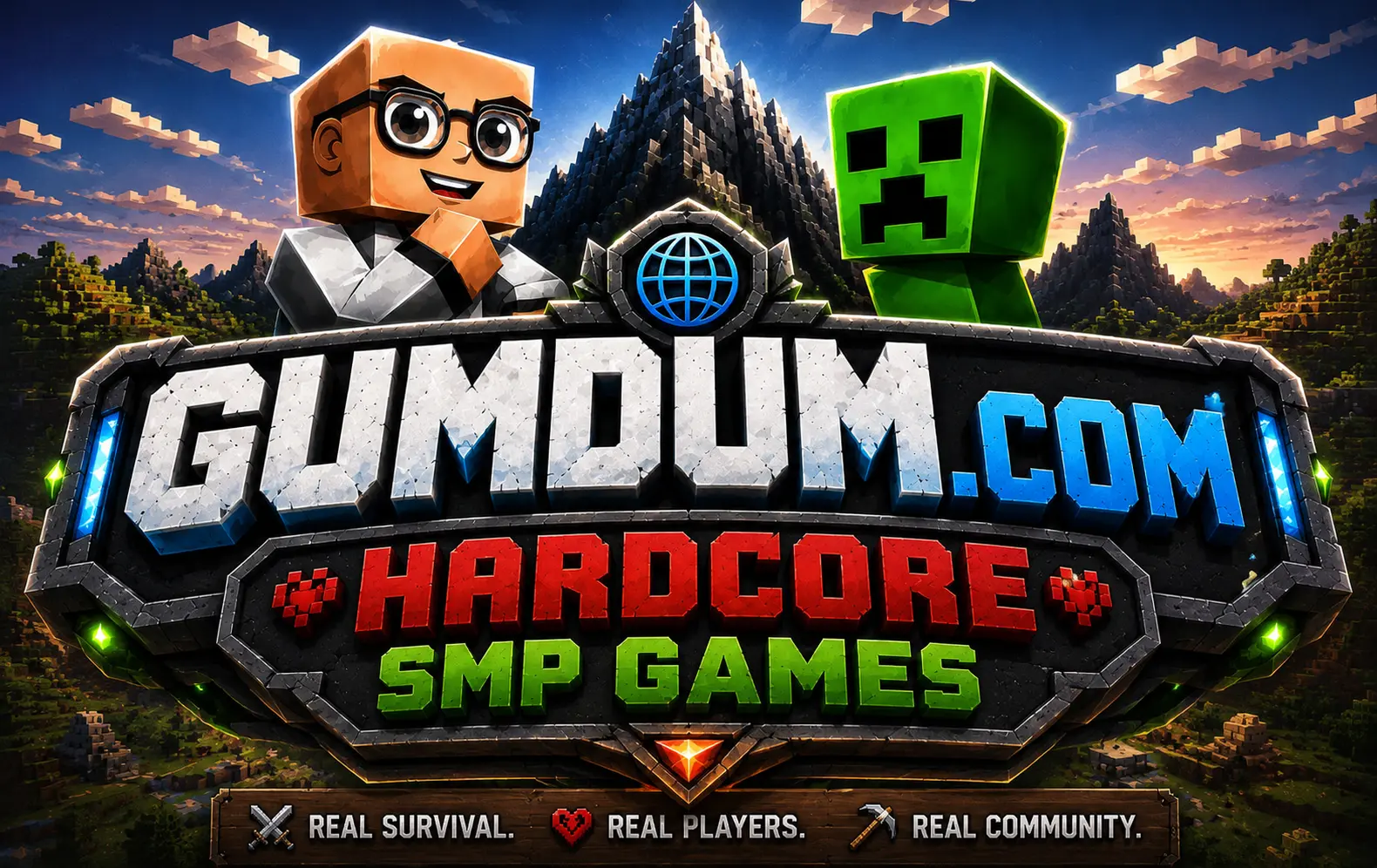 Gumdum and a green Minecraft creeper above a colorful Gumdum.com hardcore SMP games sign.