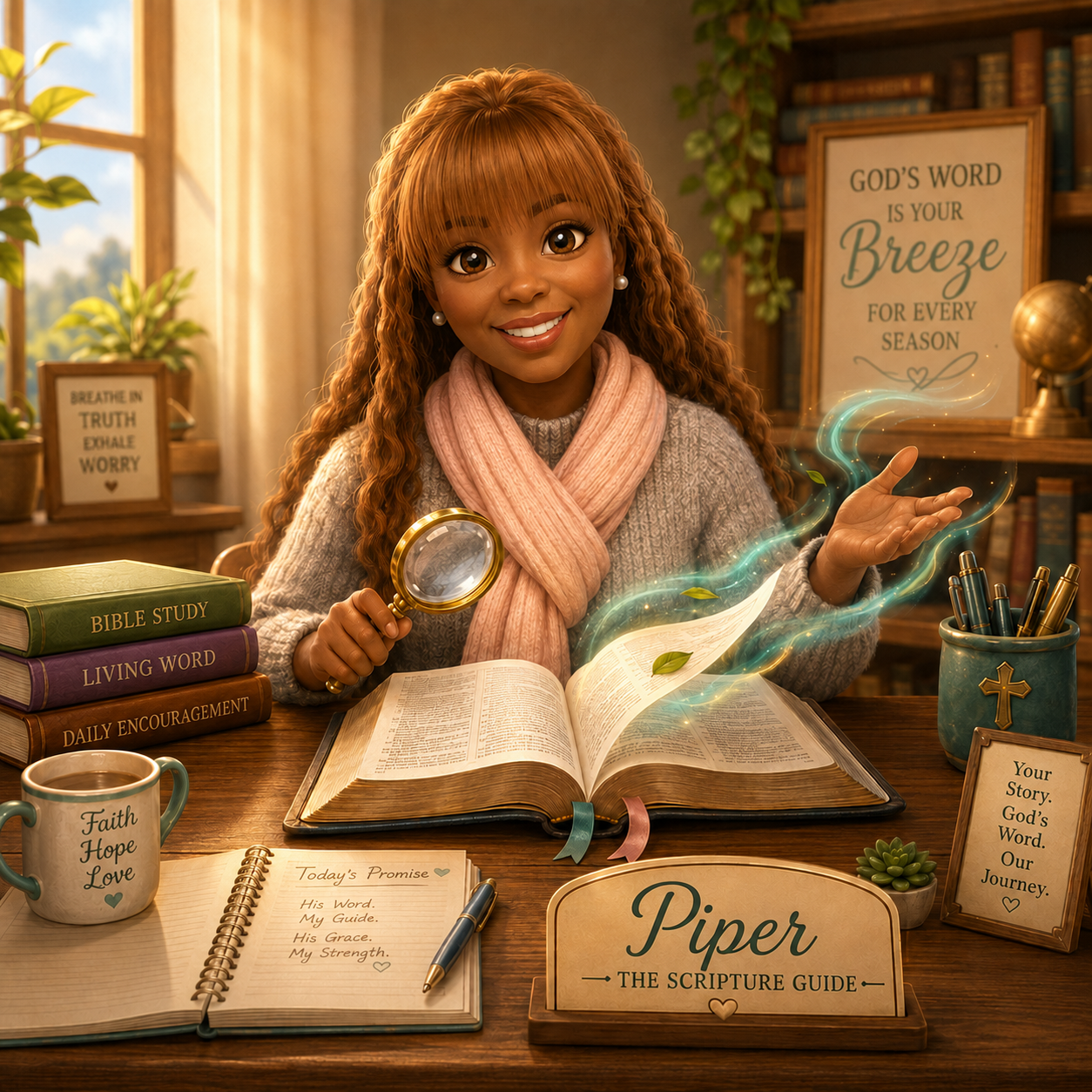 Piper the Scripture Guide studying an open Bible in a warm, sunlit room.