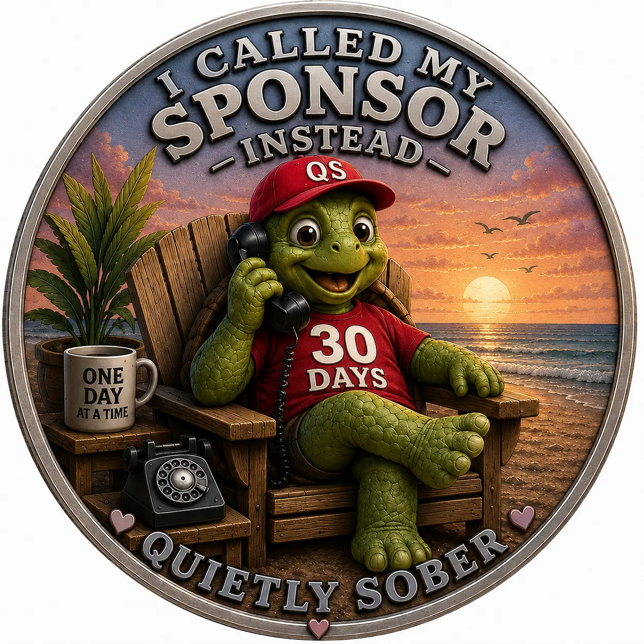 Tucker, a friendly green turtle, relaxing by the ocean with a telephone and a one-day-at-a-time mug.